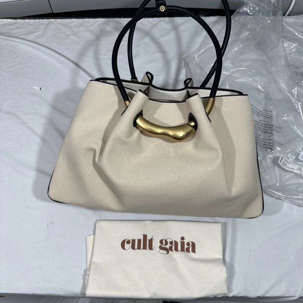 NWT $598 Cult Gaia‎ ASA Canvas & Leather Satchel Large Bag in Beach Nude